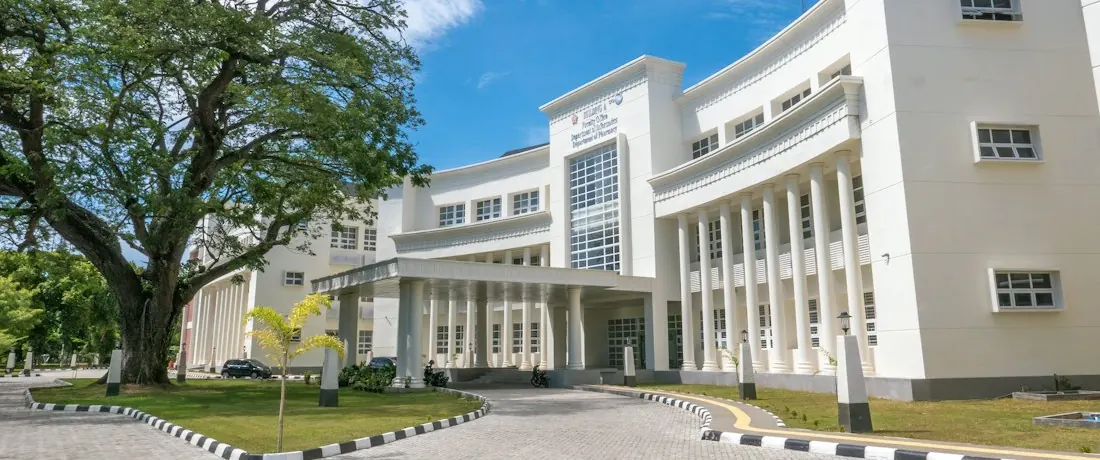 Stock photo of a large white school building with columns and a covered entrance, a big tree on the left and a paved forecourt under a blue sky.